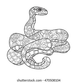 Hand drawn doodle outline anaconda decorated with ornaments.Vector zen art boho illustration.Floral ornament.Ready for adult anti stress coloring book.