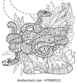 Hand drawn doodle outline anaconda decorated with ornaments.Vector zen art boho illustration.Floral ornament.Ready for adult anti stress coloring book.