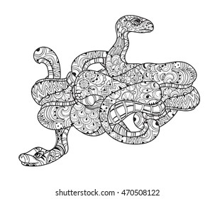 Hand drawn doodle outline anaconda decorated with ornaments.Vector zen art boho illustration.Floral ornament.Ready for adult anti stress coloring book.