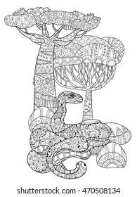 Hand drawn doodle outline anaconda decorated with ornaments.Vector zen art boho illustration.Floral ornament.Ready for adult anti stress coloring book.