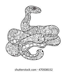 Hand drawn doodle outline anaconda decorated with ornaments.Vector zen art boho illustration.Floral ornament.Ready for adult anti stress coloring book.