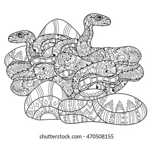 Hand drawn doodle outline anaconda decorated with ornaments.Vector zen art boho illustration.Floral ornament.Ready for adult anti stress coloring book.