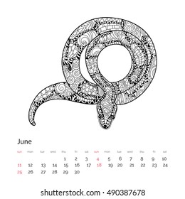 Hand drawn doodle outline anaconda decorated with ornaments.Vector zen tangle illustration.Floral ornament.June calendar 2017 page.