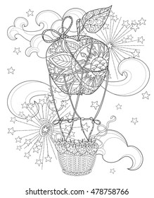 Hand drawn doodle outline apple air balloon in flight decorated with floral ornaments.Vector zen art illustration.Sketch for tattoo, poster, children or adult coloring pages.Boho style.