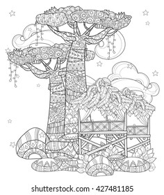 Hand drawn doodle outline baobab tree, fairy cartoon city , decorated with floral ornaments.Vector zen art illustration.Sketch for tattoo, poster or adult coloring pages.Boho style.