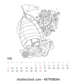Hand drawn doodle outline boat decorated with floral ornaments.Vector zen art illustration.Floral ornament.Sketch for tattoo, poster or adult coloring pages.Boho style.July calendar page 2017.
