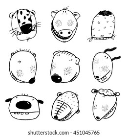 Hand drawn Doodle Outline Cartoon Animal Heads with Teeth Fun Collection. Linear style animals icon set. Cartoon style, different characters. Vector monochrome black and white outline illustration. 