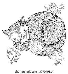 Hand drawn doodle outline cat sleeping with chicken decorated with ornaments.Vector zentangle illustration.Floral ornament.Sketch for tattoo or coloring pages.Boho style.