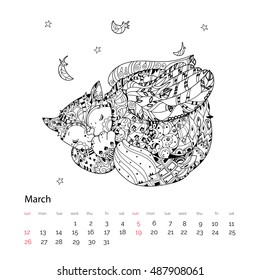 Hand drawn doodle outline cat with angel wings sleeping decorated with ornaments.Vector zen art illustration.Floral ornament.Sketch for tattoo or coloring pages.Boho style.March calendar page 2017.