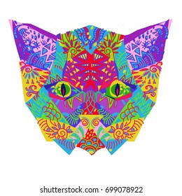 Hand drawn doodle outline cat head decorated with ornaments.Vector zen art illustration.Floral ornament.Sketch for tattoo or coloring pages.Boho style.