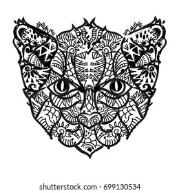 Hand drawn doodle outline cat head decorated with ornaments.Vector zen art illustration.Floral ornament.Sketch for tattoo or coloring pages.Boho style.
