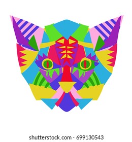 Hand drawn doodle outline cat head decorated with ornaments.Vector abstract paper collage.Floral ornament.Sketch for tattoo or coloring pages.Boho style.