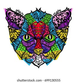 Hand drawn doodle outline cat head decorated with ornaments.Vector zen art illustration.Floral ornament.Sketch for tattoo or coloring pages.Boho style.