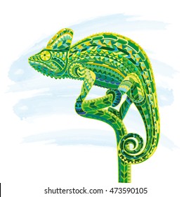 Hand drawn doodle outline chameleon illustration. Decorative in zentangle style. Patterned fiery on the grunge background. It may be used for design a t-shirt, bag, postcard, poster and so .