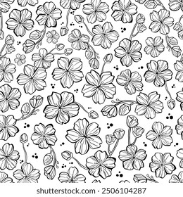 Hand Drawn Doodle Outline Cherry Blossom Seamless Pattern. Design for paper, covers, cards, fabrics, background and any. Vector illustration elements.