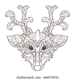 Hand drawn doodle outline deer head decorated with ornaments.Vector illustration for anti-stress adult coloring book or tattoo.Zen art boho style.