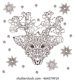 Hand drawn doodle outline deer head decorated with ornaments.Vector illustration for anti-stress adult coloring book or tattoo.Zen art boho style.