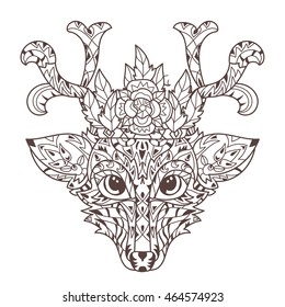Hand drawn doodle outline deer head decorated with ornaments.Vector illustration for anti-stress adult coloring book or tattoo.Zen art boho style.