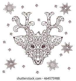 Hand drawn doodle outline deer christmas head decorated with ornaments.Vector illustration for anti-stress adult coloring book or tattoo.Zen art boho style.