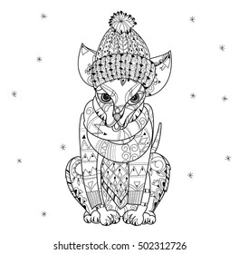 Hand drawn doodle outline dog in winter hat decorated with ornaments.Vector zen art illustration.Floral ornament.Sketch for tattoo or relax anti stress adult coloring pages.