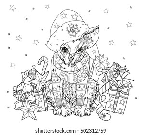 Hand drawn doodle outline dog decorated with ornaments in christmas hat .Vector zen art illustration.Floral ornament.Sketch for tattoo or relax anti stress adult coloring pages.