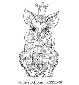 Hand drawn doodle outline dog in crown decorated with ornaments.Vector zen art illustration.Floral ornament.Sketch for tattoo or relax anti stress adult coloring pages.