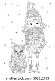 Hand drawn doodle outline dog decorated with ornaments near christmas girl.Vector zen art illustration.Floral ornament.Sketch for tattoo or relax anti stress adult coloring pages.