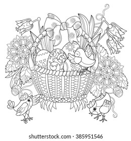 Hand drawn doodle outline easter eggs in basket with chiken decorated with floral ornaments.Vector zentangle illustration.Floral ornament.Sketch for adult coloring pages or postcards.Boho style.