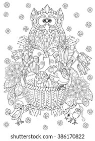 Hand drawn doodle outline easter eggs in basket with chicken and owl decorated with ornaments.Vector zentangle illustration.Floral ornament.Sketch for adult coloring pages or postcards.Boho style.