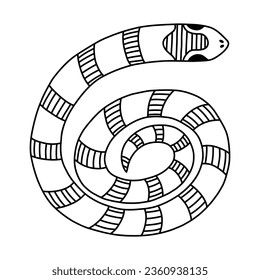 Hand drawn doodle with outline of elapidae snake. Jungle or zoo serpent rolled into a circle. Tropical or Wild West poison viper in top view. Vector wildlife concept. Dangerous snake isolated.