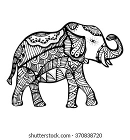 Hand drawn doodle outline elephant illustration decorated with abstract doodle zentangle ornaments