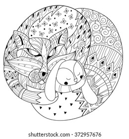 Hand drawn doodle outline fox sleeping decorated with ornaments.Vector zentangle illustration.Floral ornament.Sketch for tattoo or coloring pages.Boho style.