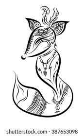 Hand drawn doodle outline fox decorated with ornaments. Vector illustration.