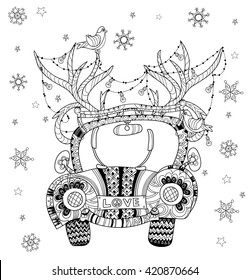 Hand drawn doodle outline holiday car travel decorated with ornaments.Vector illustration.Floral ornament.Sketch for tattoo or coloring pages.Boho style.