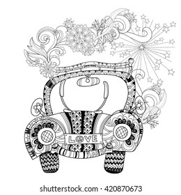 Hand drawn doodle outline holiday car travel decorated with ornaments.Vector illustration.Floral ornament.Sketch for tattoo or coloring pages.Boho style.