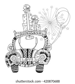 Hand drawn doodle outline holiday car travel decorated with ornaments.Vector illustration.Floral ornament.Sketch for tattoo or coloring pages.Boho style.