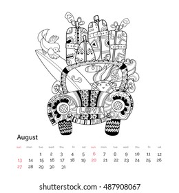 Hand drawn doodle outline holiday car travel decorated with ornaments.Vector illustration.Floral ornament.Sketch for tattoo or adult anti stress coloring pages.Boho style.August calendar page 2017.