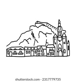 Hand drawn doodle outline icon of european castle in mountains. Landmarks of europe cities. simple drawings of facades