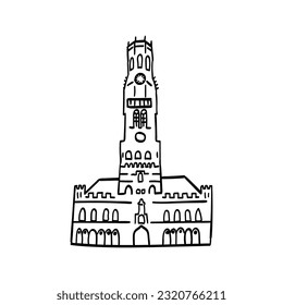 Hand drawn doodle outline icon of european building with watch. Landmarks of europe cities. simple drawings of facades