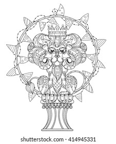 Hand drawn doodle outline lion decorated with crown.Vector zentangle illustration.Floral ornament.Sketch for tattoo or coloring pages.Boho style.