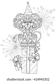 Hand drawn doodle outline lion decorated with gift boxes.Vector zentangle illustration.Floral ornament.Sketch for tattoo or coloring pages.Boho style.