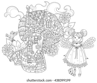 Hand drawn doodle outline magic mushrooms and fairy doll decorated with floral ornaments.Vector zen art illustration.Floral ornament.Sketch for tattoo, children or adult coloring pages.Boho style.