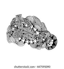 Hand drawn doodle outline magic line art element with floral ornament and stylized mushrooms. Sketch for poster, children or adult coloring pages.