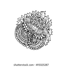 Hand drawn doodle outline magic line art element with floral ornament. Sketch for poster, children or adult coloring pages.