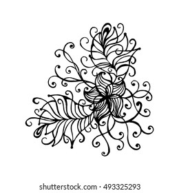Hand drawn doodle outline magic line art element with floral ornament. Sketch for poster, children or adult coloring pages.
