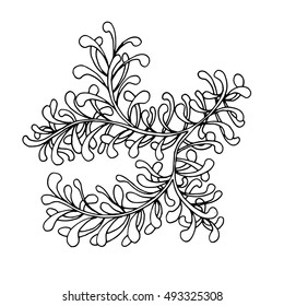 Hand drawn doodle outline magic line art element with floral ornament. Sketch for poster, children or adult coloring pages.
