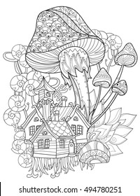 Hand drawn doodle outline magic mushrooms decorated with floral ornaments.Vector zen art illustration.Floral ornament.Sketch for  poster, children or adult coloring relax anti sress pages.Boho style.