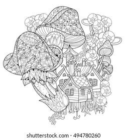 Hand drawn doodle outline magic mushrooms decorated with floral ornaments.Vector zen art illustration.Floral ornament.Sketch for  poster, children or adult coloring relax anti sress pages.Boho style.