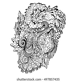 Hand drawn doodle outline magic line art element with floral ornament. Sketch for poster, children or adult coloring pages.