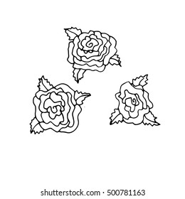 Hand drawn doodle outline magic line art element with floral ornament, rose. Sketch for poster, children or adult coloring pages.
